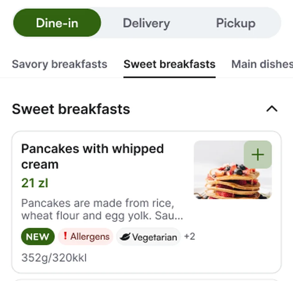 QR-меню iTasty: режими Dine-in, Delivery і Pickup, категорії та картка страви з фото, ціною, алергенами й тегами
