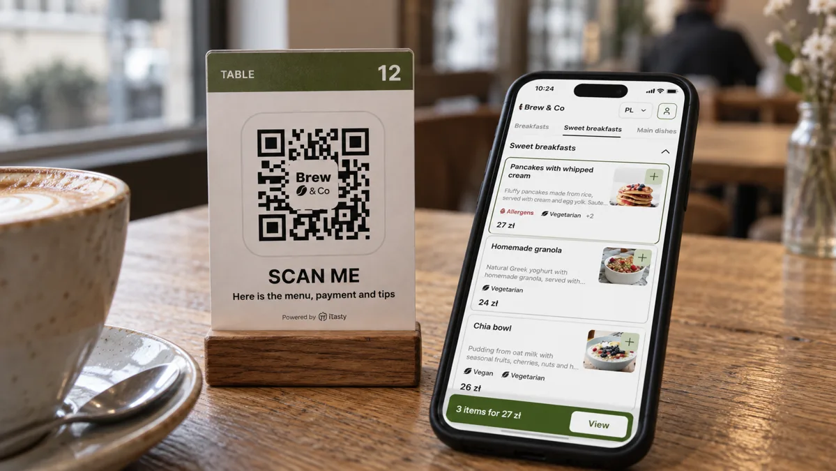 Телефон із меню за зразком iTasty поруч із кавою та підставкою з QR-кодом